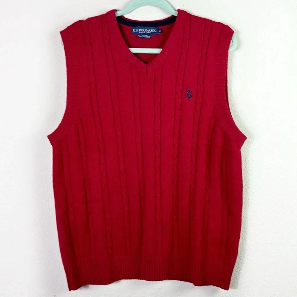 U.S. Polo Assn. Red 100% Cotton V-Neck Cable Knit Sweater Vest Size M